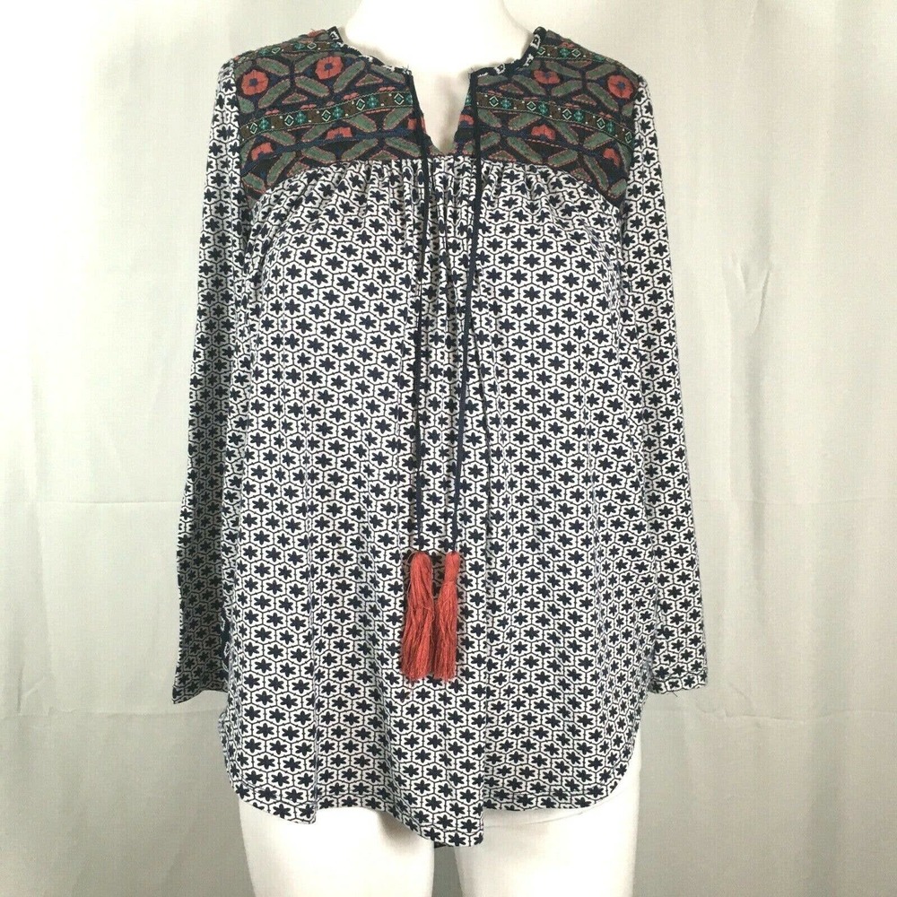 Ezra Shirt Womens Sz Small Navy Blue White‎ Peasant Popover Top Boho Hippie
